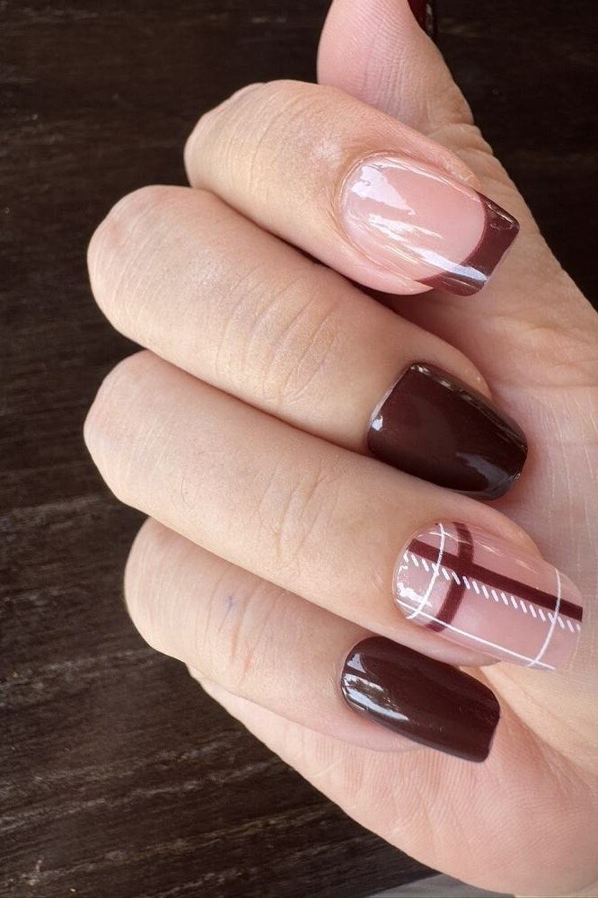 Dark burgundy with plaid short, burgundy fall nail idea for women over 60