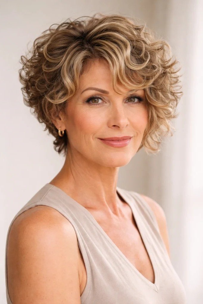 Blonde curly bob front view - curly hairstyle for women over 60