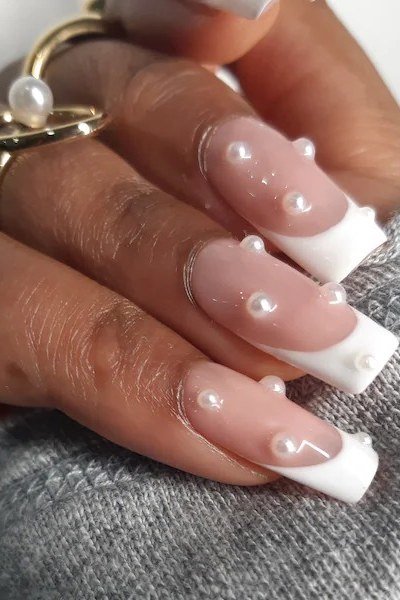 White Pearl French Square Nails - pearl finish nail idea for women over 60