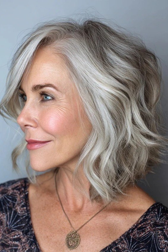 Silver Wavy Layered Bob for women over 60