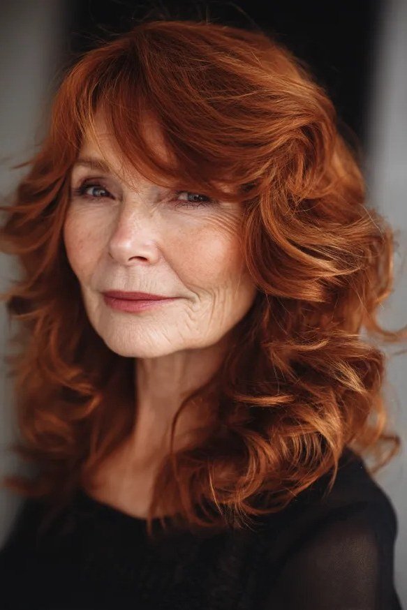 Fiery red curly lob, front view, mature woman