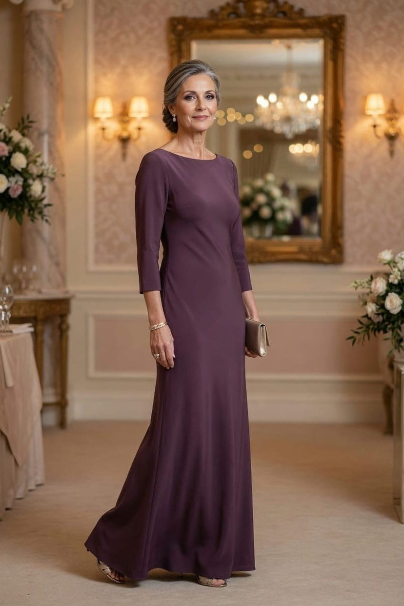 Plum 3/4-sleeve long gown - wedding guest outfit for women over 50