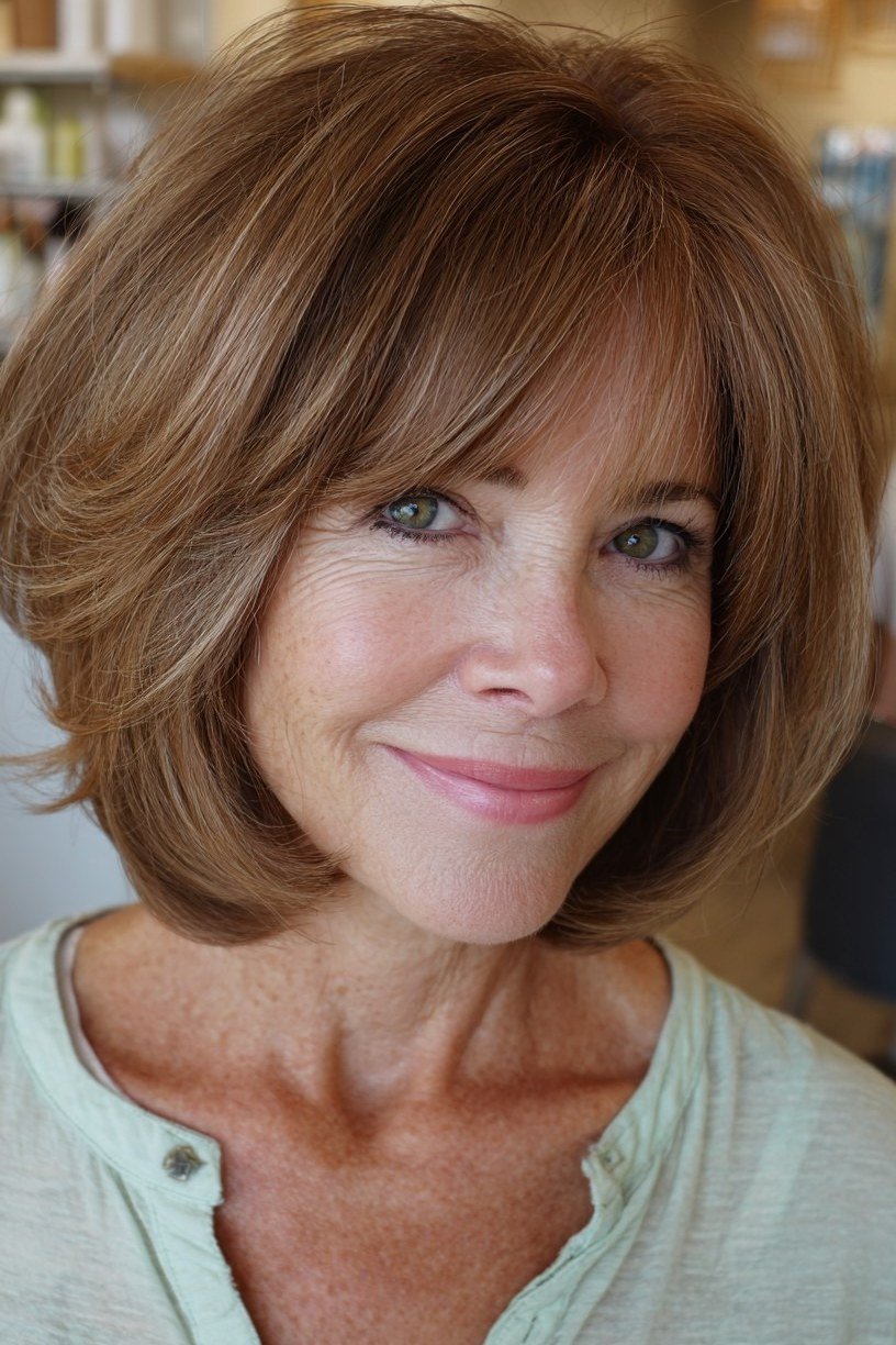 Auburn Bob with Bangs - trendy layered bob hairstyle for women over 50