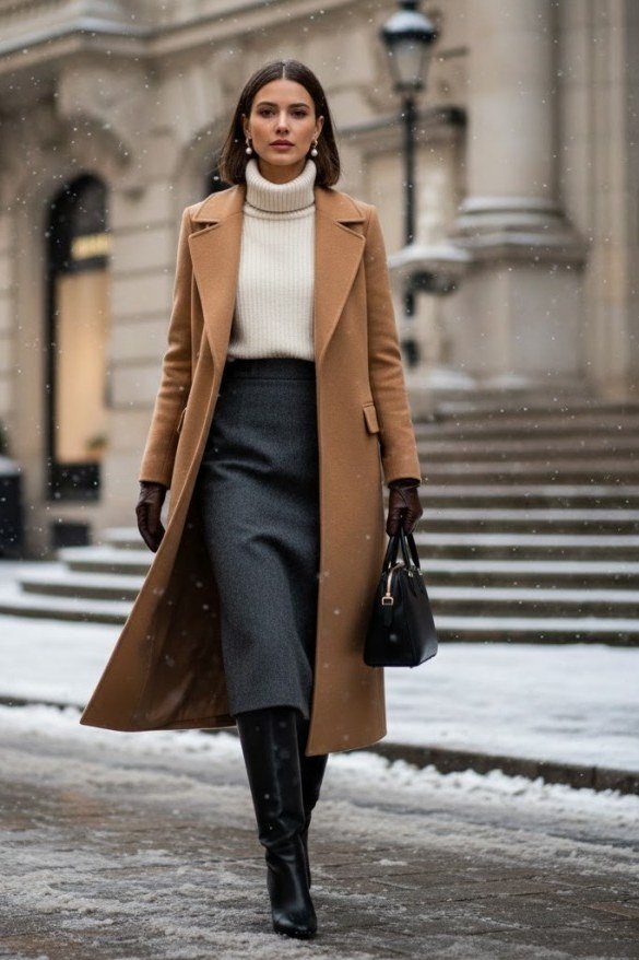 Camel midi coat with white turtleneck, gray skirt, and tall boots for women over 50 at work