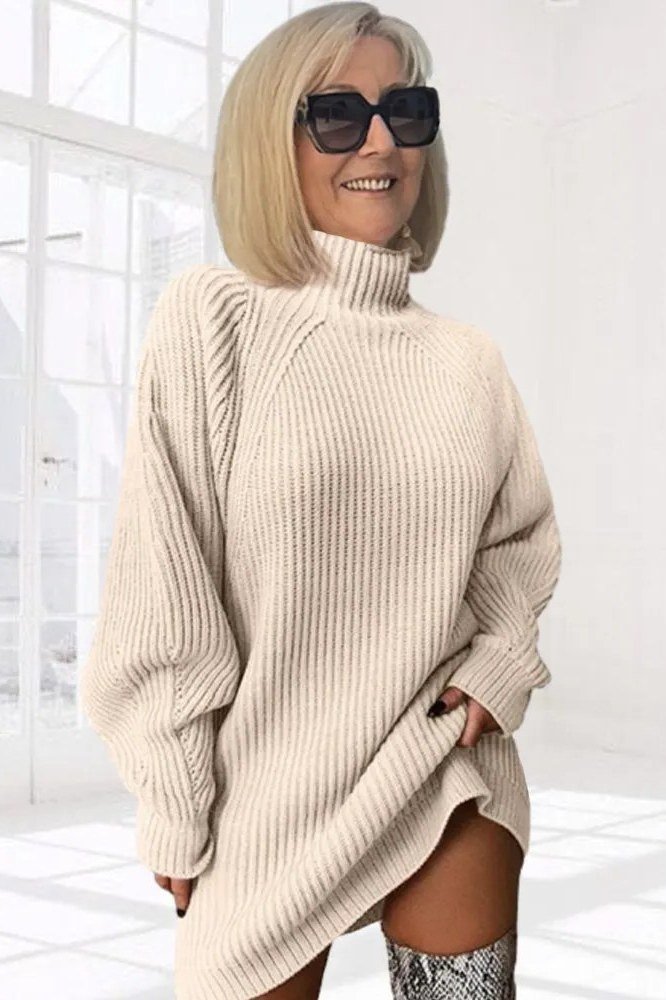Cream turtleneck sweater dress for women over 60