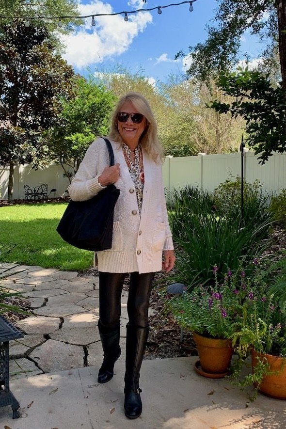Cream Cardigan with Black Leggings - fall outfit for women over 40