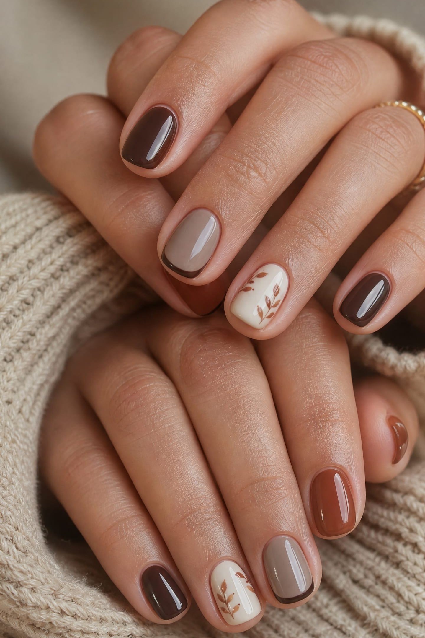 Mocha brown mix nails with tiny autumn leaf accents on some nails, glossy fall palette.