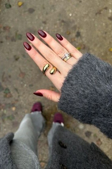 Dark Red Nails in a Street Style Look, fall nail color idea for women over 50