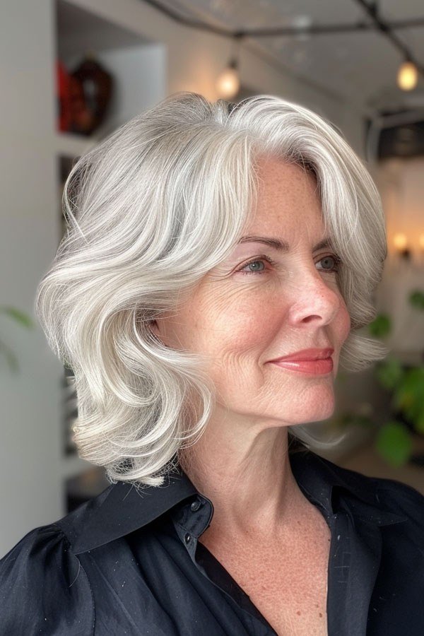 Snowy white soft wavy layered medium-length hairstyle, front side view, for women over 50