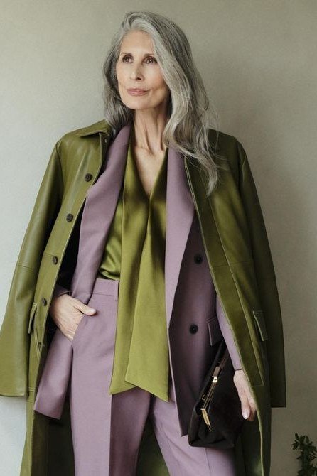 Olive Coat with Purple Blouse and Trousers - business outfit for women over 50