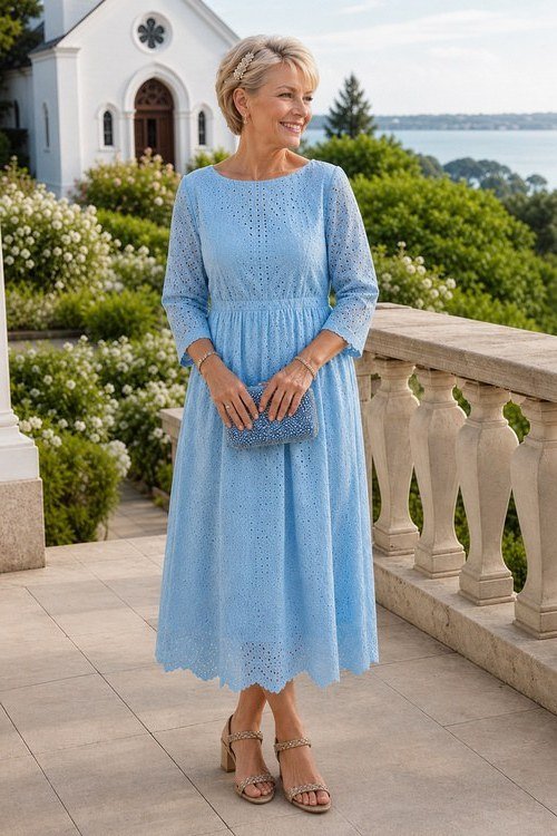 Light Blue Eyelet Midi summer outfit idea for women over 60