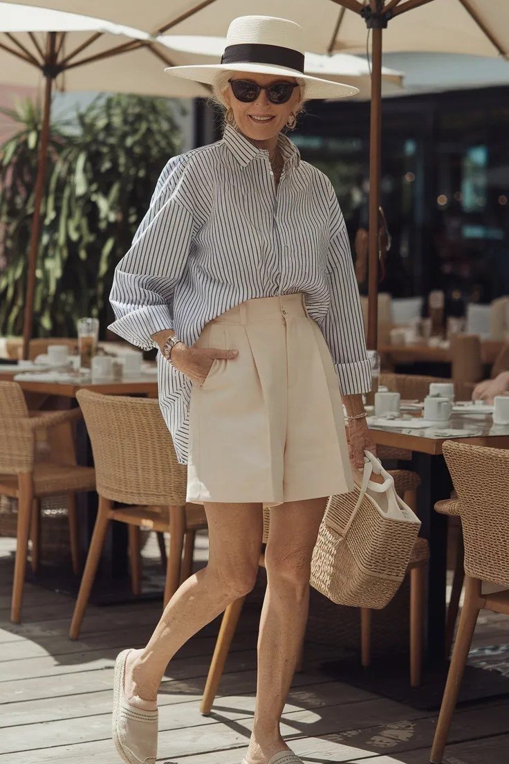 Woman over 50 wearing Striped shirt with beige shorts, hat and straw bag at a cafe.
