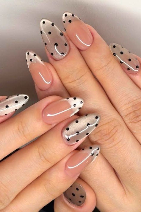 taupe nails with polka dot french tips