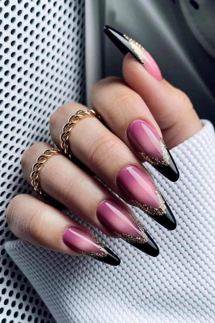 Pink and Black French Stiletto nail design for women over 40