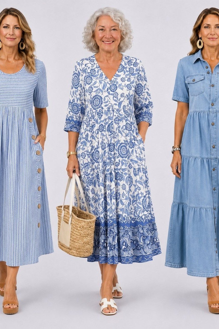 Three women in chambray and blue-patterned midi shirt dresses, studio shot - summer dress for women over 50