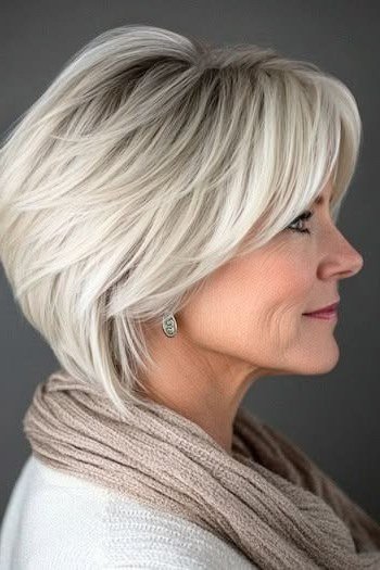 Silver stacked bob side view, beige scarf, short layered bob hairstyle for women over 60