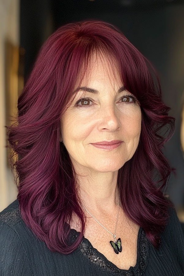 burgundy long layered cut, front view hairstyle for women over 70