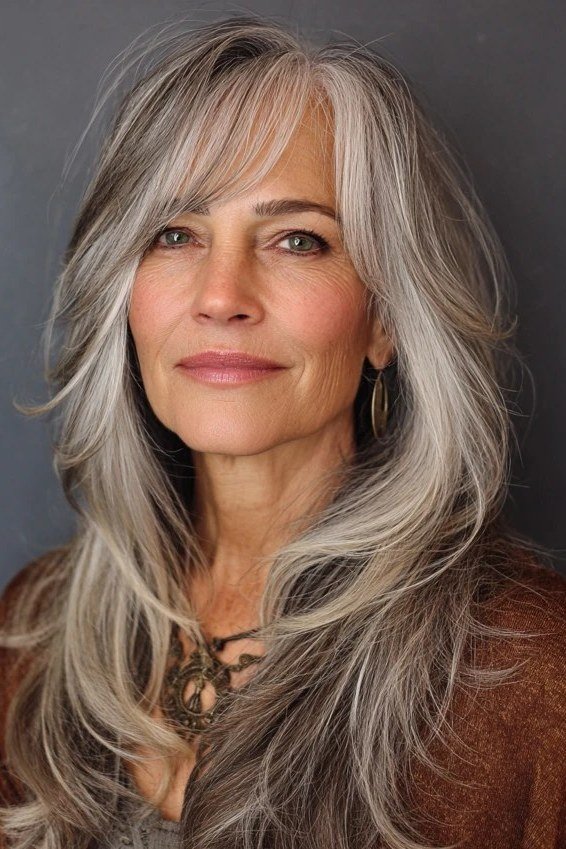 Long Layered Grey Hair - grey hairstyle for women over 60