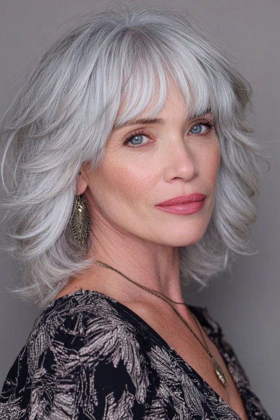 Silver wavy shaggy layered bob with soft volume, three-quarter view, silver wavy bob haircut for women over 50