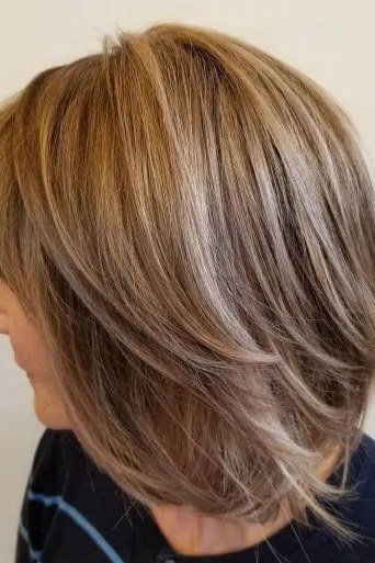 copper layered bob, side view for women over 50