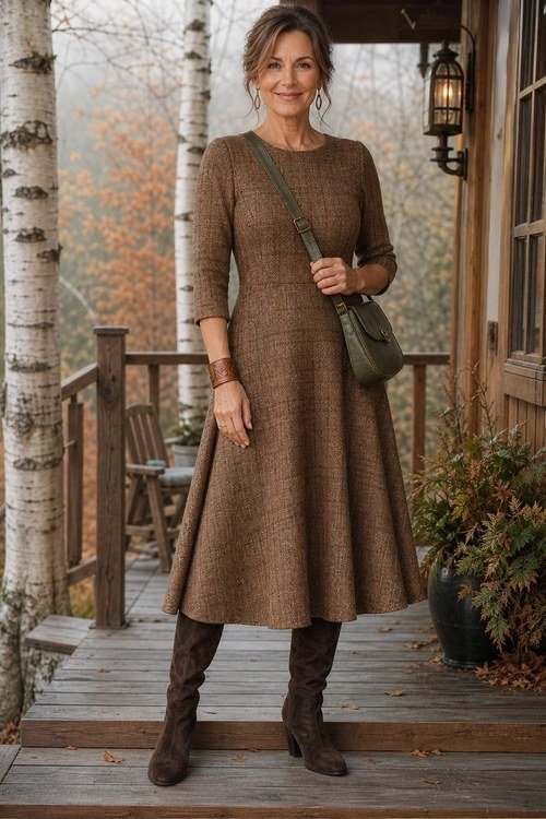 brown knit midi dress with boots for women over 60