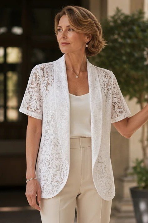 Woman over 60 in a white lace jacket with a white top and white trousers