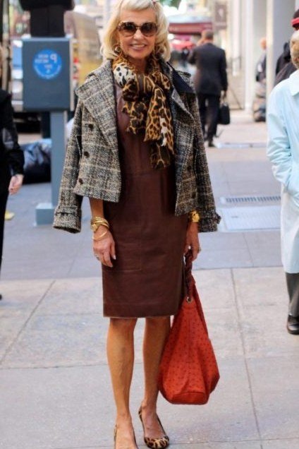 Tweed jacket with brown skirt fall outfit idea for women over 60