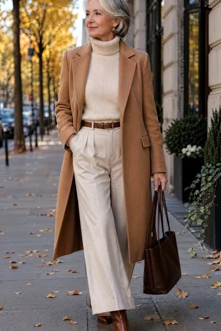 Camel coat over cream turtleneck with cream wide trousers on autumn street, woman over 50