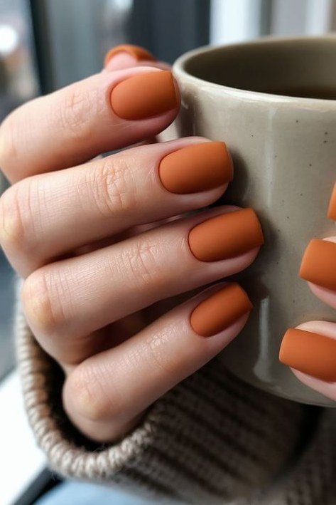 Pumpkin spice orange matte, short oval, hand holding ceramic mug, sweater cuff, fall nail color for women over 40