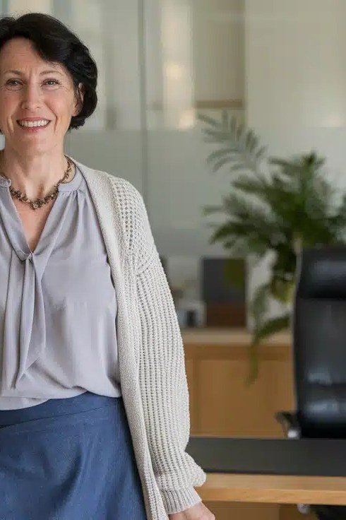 Grey cardigan blue skirt, dark-haired woman in office - business casual work outfit for women over 50