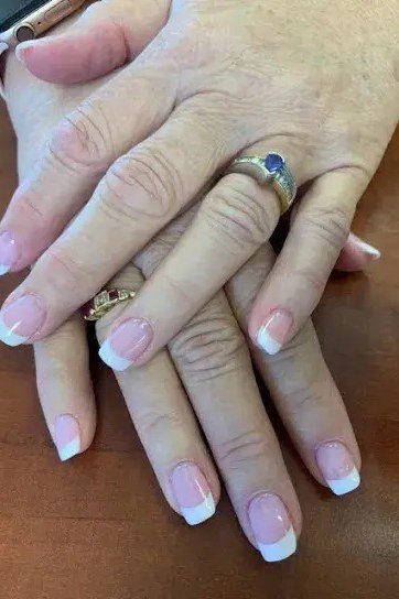 short almond, pastel pink french, two mature hands , for women over 60