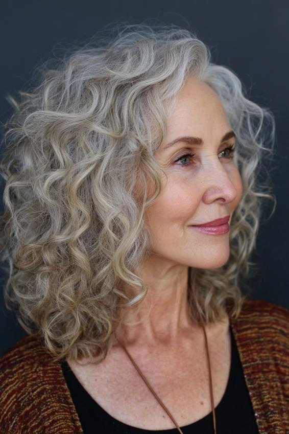 Flowing silver layered curls for older women