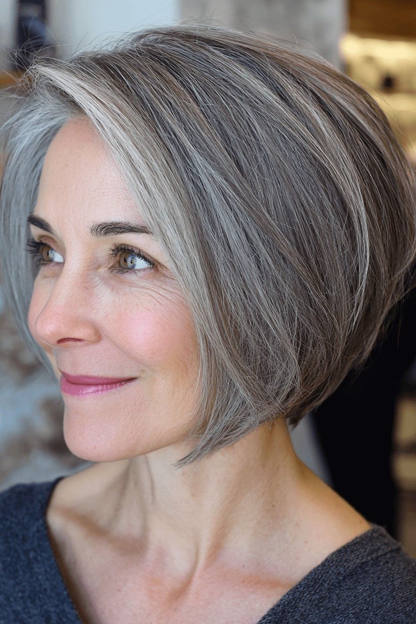 Choppy bob hairstyle for women over 60: grey bob side navy top