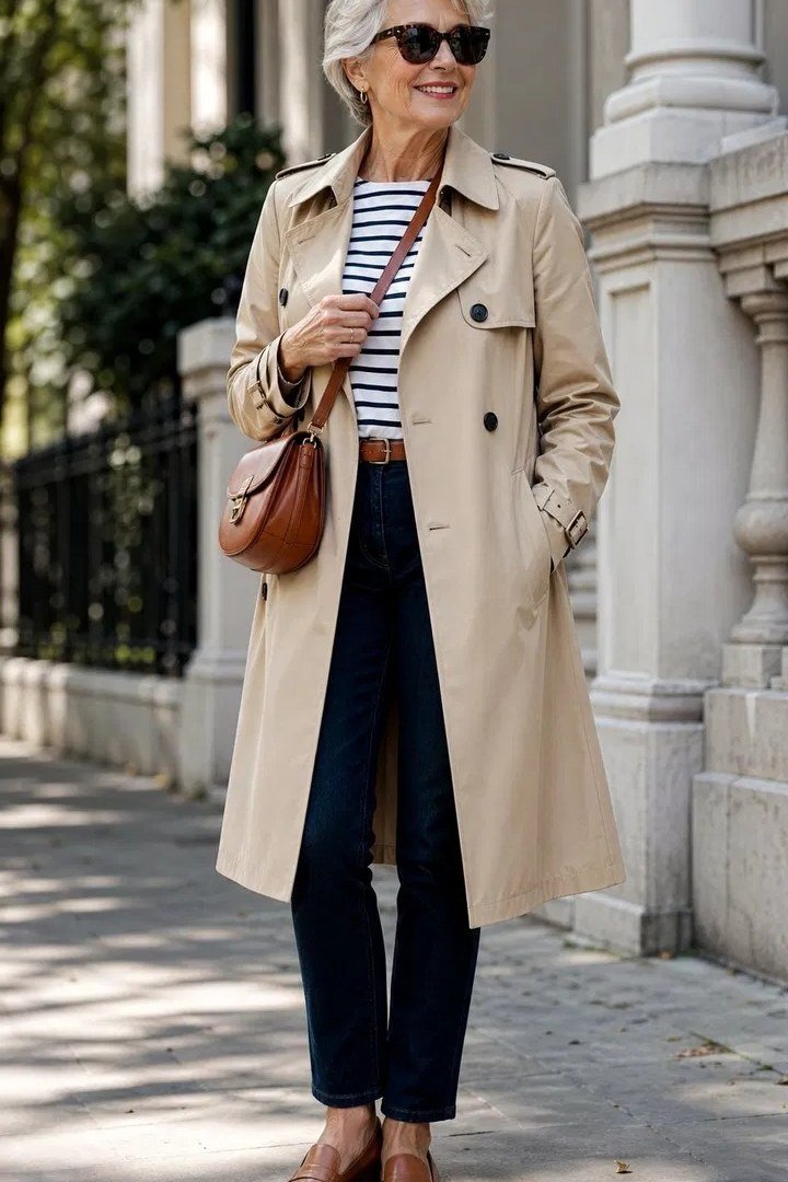 Beige trench coat with striped top for women over 70