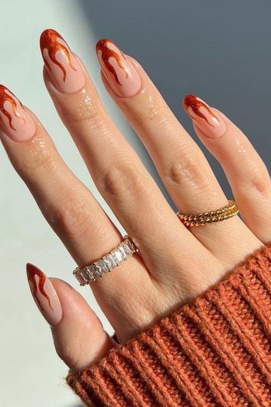 Copper flame tips almond, elegant fall nail design for women over 40