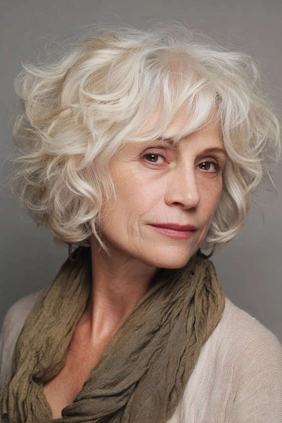 White Curly Shaggy Bob - shaggy bob haircut for women over 60