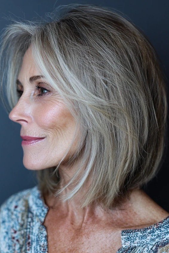 Silver shoulder-length lob - trendy short haircut for older women with fine hair