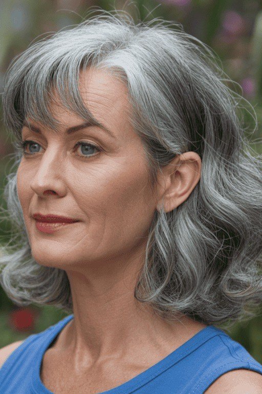 curly grey bob with bounce in garden, front view