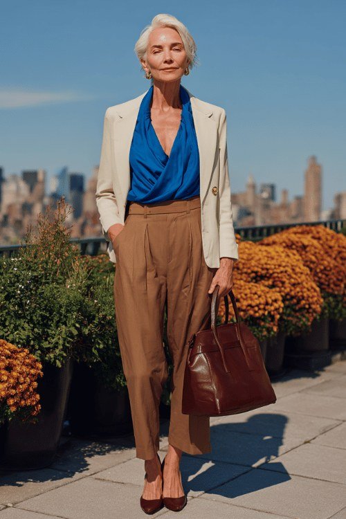 Royal-blue blouse under cream blazer with rust wide-leg trousers for women over 50