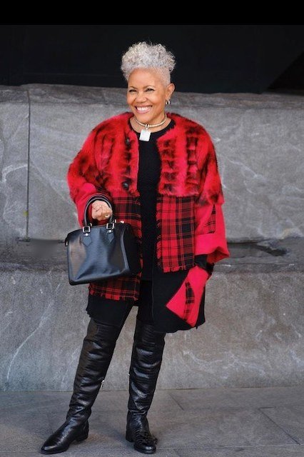 red plaid faux fur coat church outfit for women over 60