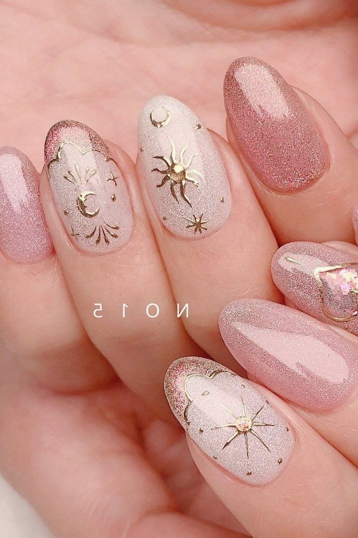 Nude Gold Starburst Nails - nude gold starburst nails, glitter winter nail design for women over 60