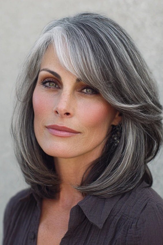 layered salt and pepper lob for women over 50, front view