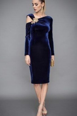 navy velvet cold-shoulder midi dress, elegant cocktail dress for women over 60