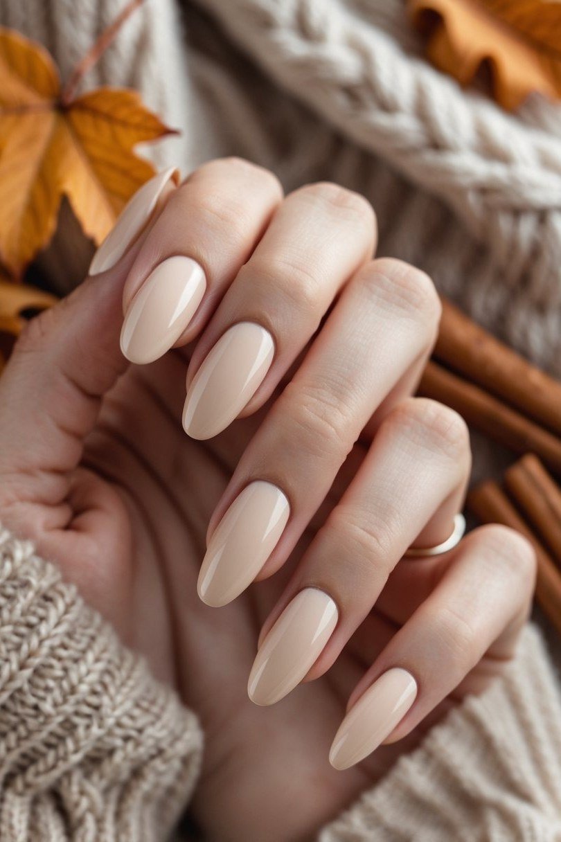 Creamy Beige Almond Nails for Fall - old money fall nail color for women over 40