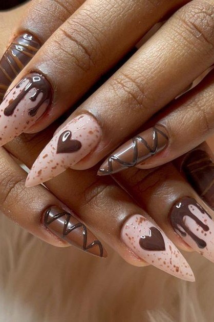Tortoise Nails with Pink Heart Art - brown nail idea for women over 50