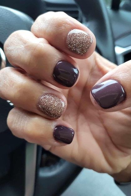Dark Plum Nails with Gold Glitter, nail color idea for women over 60