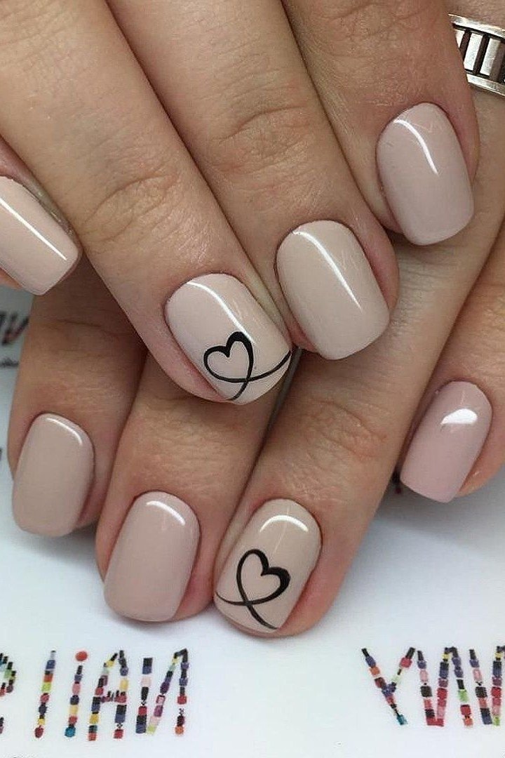 Beige Nude with Heart Line Art - short nude nail idea for women over 50