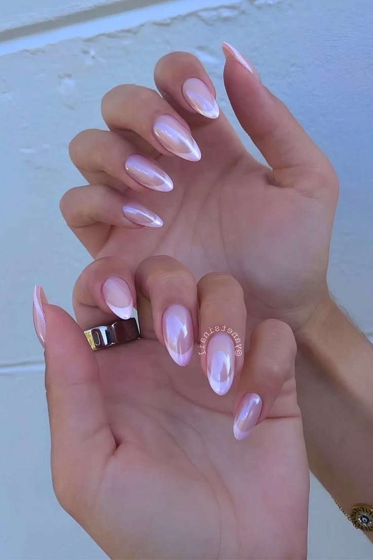 Pink Pearl Chrome on Two Hands - chrome nail designs for women over 60