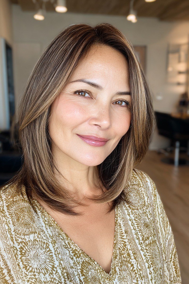 Brown Medium Cut with Soft Highlights, medium hairstyle for women over 70