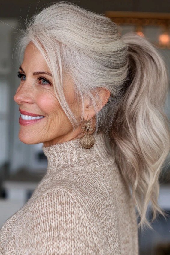Long white-blonde wavy ponytail for women over 50